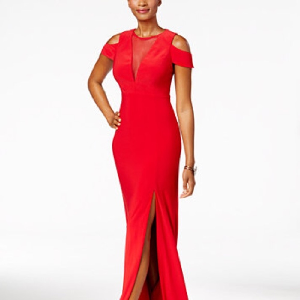 NIGHTWAY Red Mesh Cold shoulder Gown